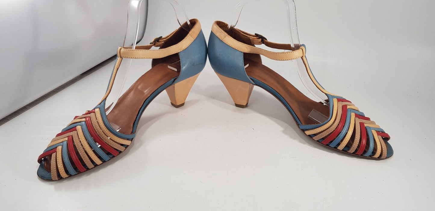 Hobbs NW3 Red Blue Peach Low Heel Ankle Strap Sandal Size 6.5/7 Excellent Condit