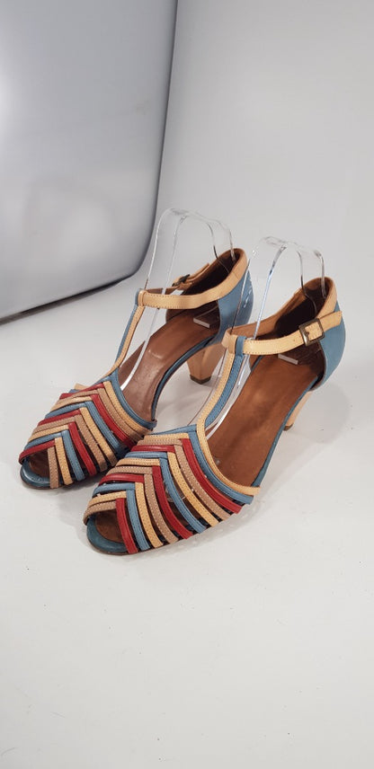 Hobbs NW3 Red Blue Peach Low Heel Ankle Strap Sandal Size 6.5/7 Excellent Condit