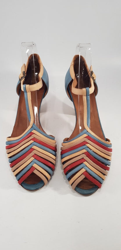 Hobbs NW3 Red Blue Peach Low Heel Ankle Strap Sandal Size 6.5/7 Excellent Condit