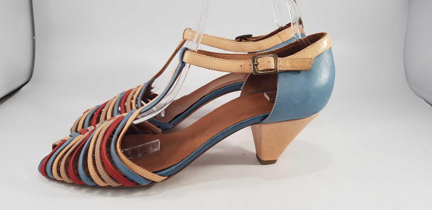 Hobbs NW3 Red Blue Peach Low Heel Ankle Strap Sandal Size 6.5/7 Excellent Condit