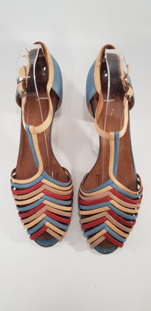 Hobbs NW3 Red Blue Peach Low Heel Ankle Strap Sandal Size 6.5/7 Excellent Condit