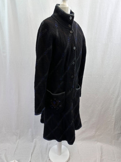 Gudrum Sjoden Black Knee Length 100% Wool Coat Pockets Size S VGC