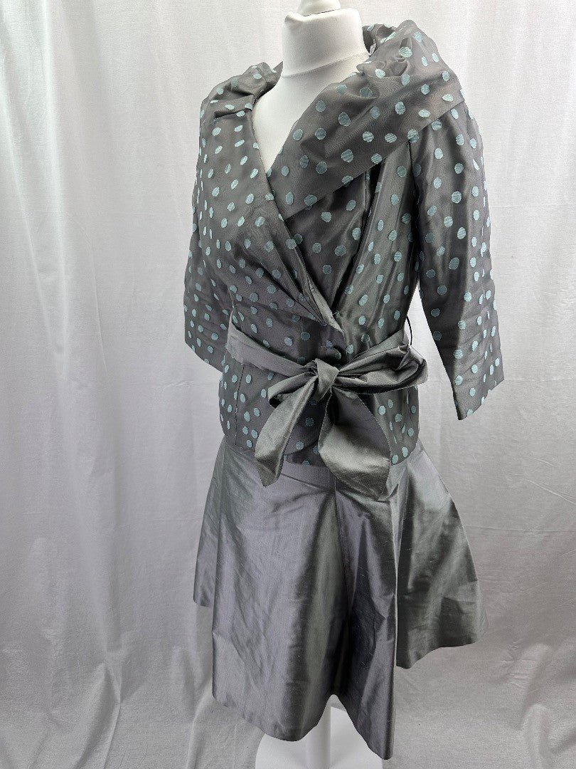 Event Gloria Estelle Skirt & Jacket Set Silver Polka Dot UK 12 Excellent