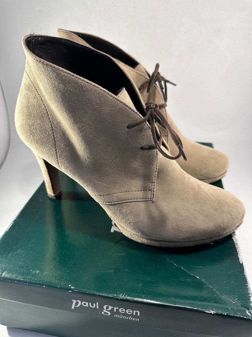 Paul Green Taupe Suede Ladies Ankle Boots Lace Up Leather Sole Size 6