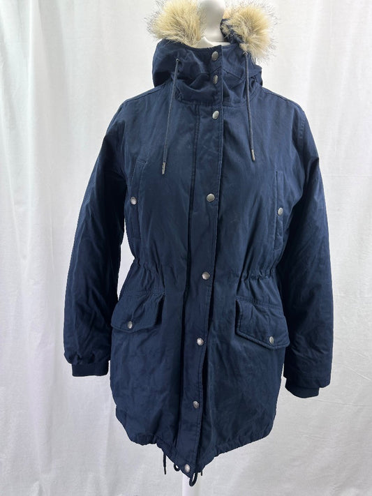 Fat Face Navy Coat Ladies UK 16 Fur Trimmed Excellent