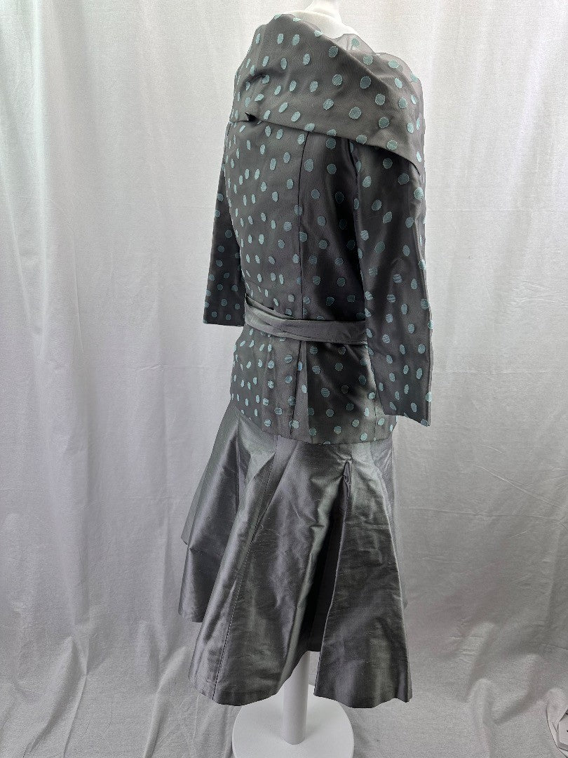 Event Gloria Estelle Skirt & Jacket Set Silver Polka Dot UK 12 Excellent