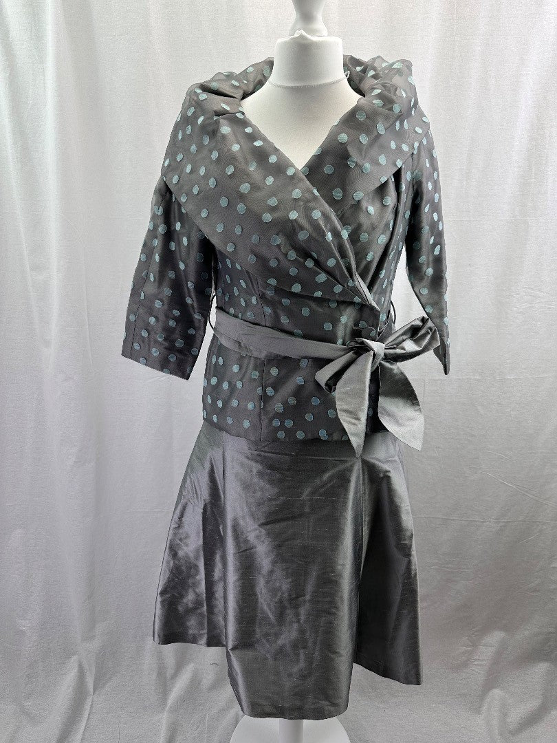 Event Gloria Estelle Skirt & Jacket Set Silver Polka Dot UK 12 Excellent