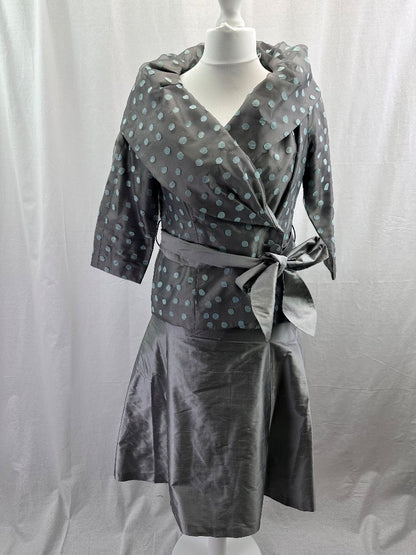 Event Gloria Estelle Skirt & Jacket Set Silver Polka Dot UK 12 Excellent