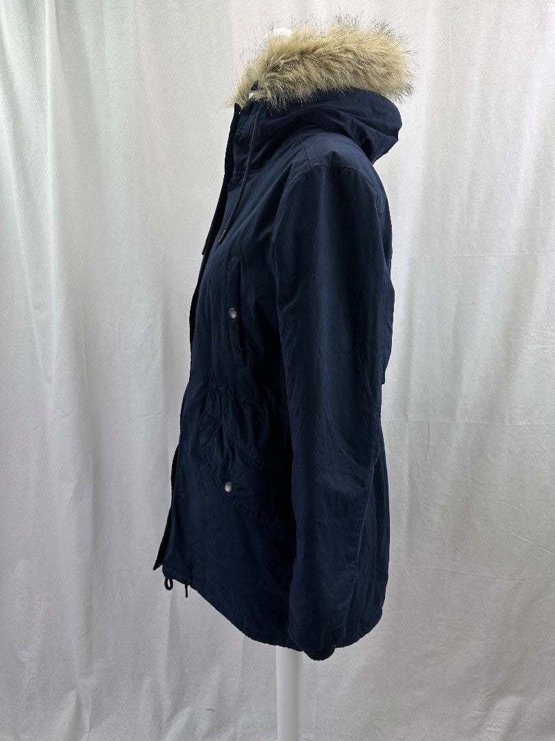 Fat Face Navy Coat Ladies UK 16 Fur Trimmed Excellent