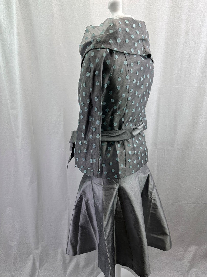 Event Gloria Estelle Skirt & Jacket Set Silver Polka Dot UK 12 Excellent