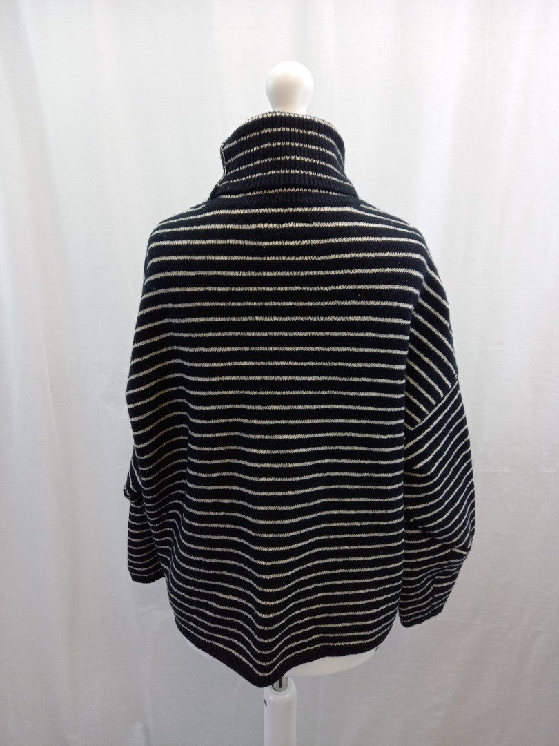 allsaints black white strip jumper wool mix xs polo high neck over sized