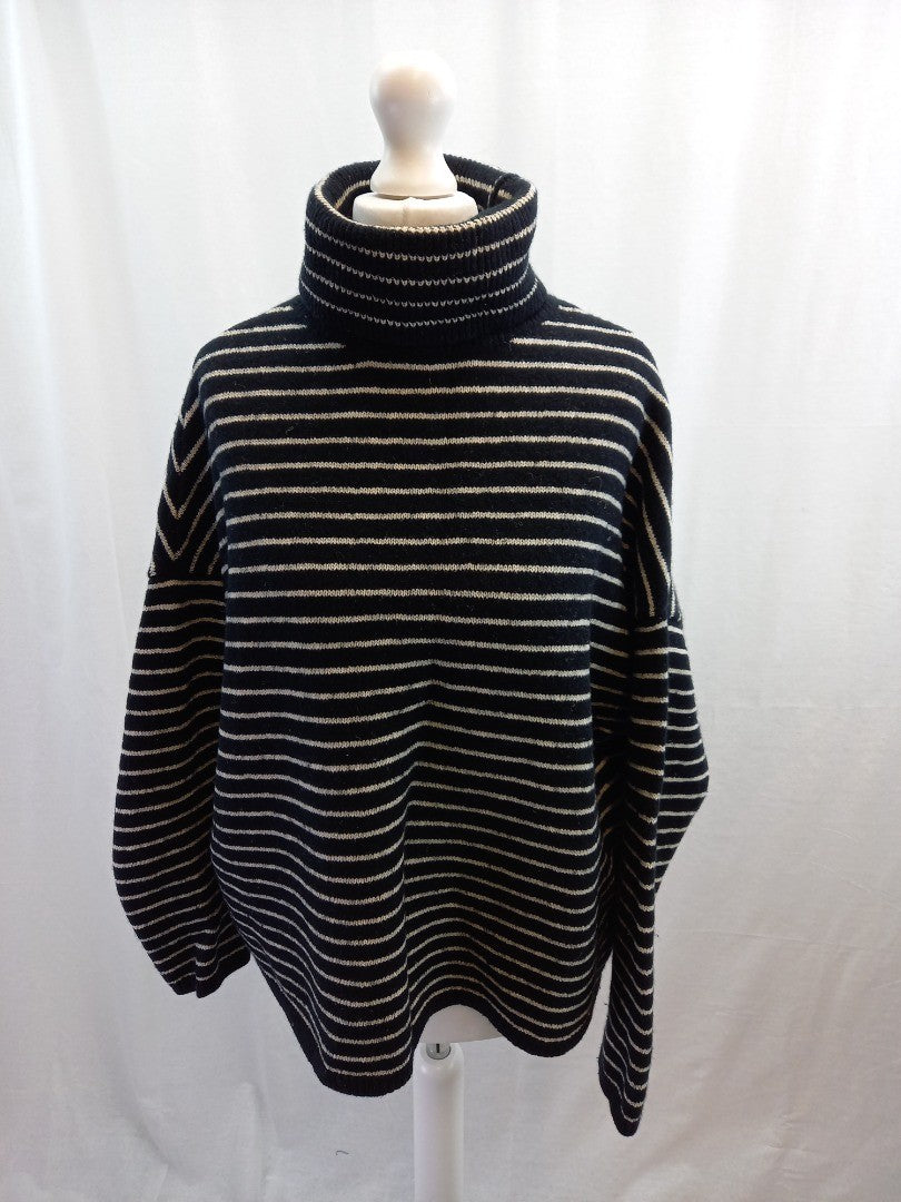 allsaints black white strip jumper wool mix xs polo high neck over sized