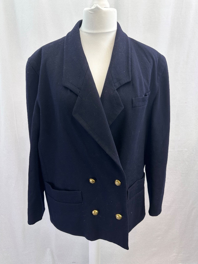 Jaeger Navy Gold Buttons Wool Blazer Jacket Size 18 41" VGC Vintage