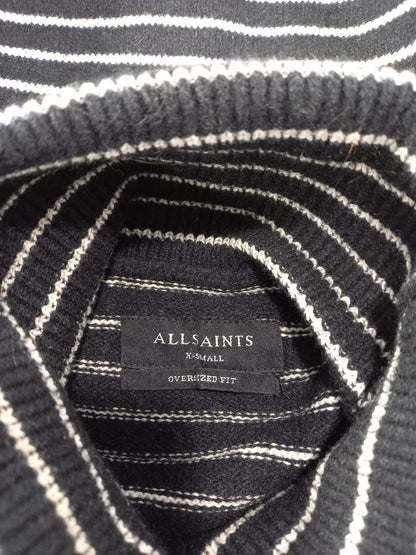 allsaints black white strip jumper wool mix xs polo high neck over sized