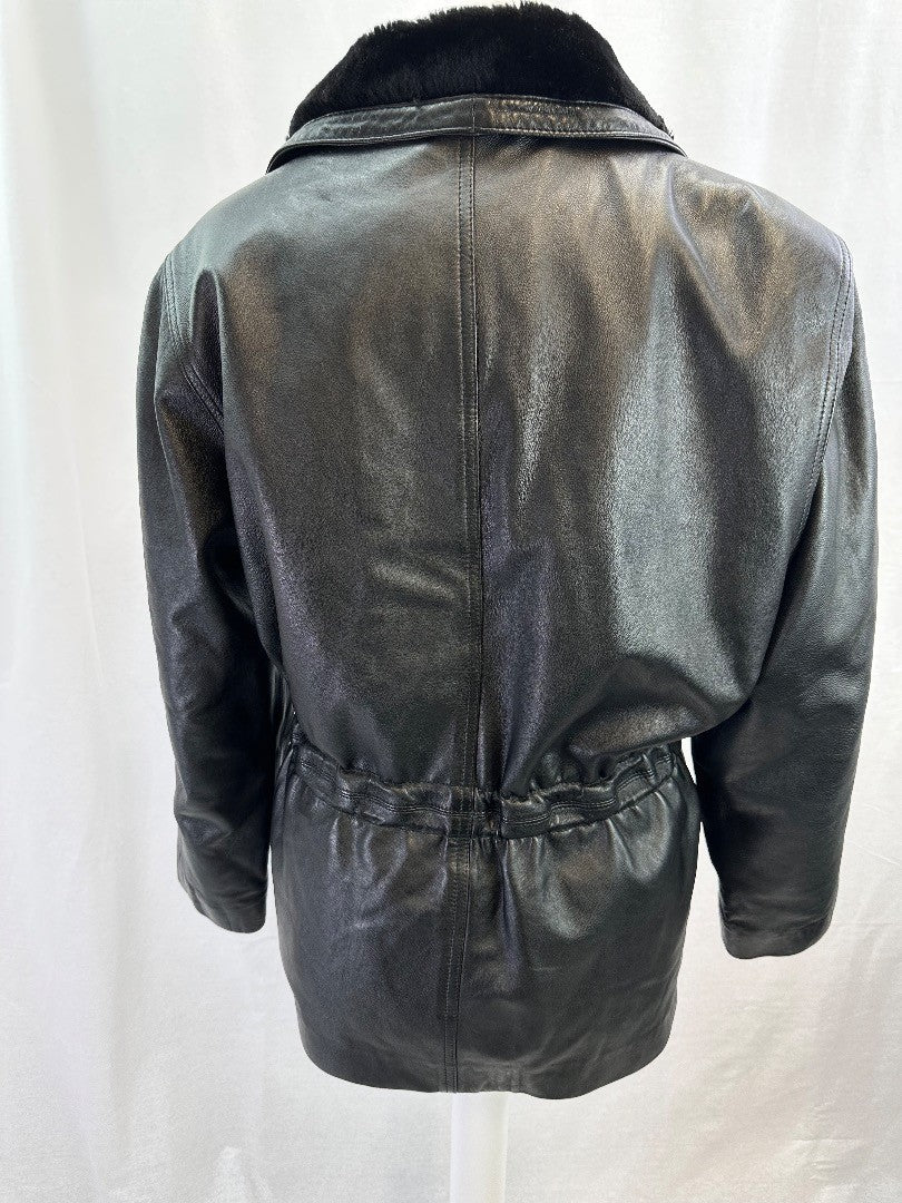 Lakeland Black Leather Faux Fur Collar Coat Pockets Size 14 VGC