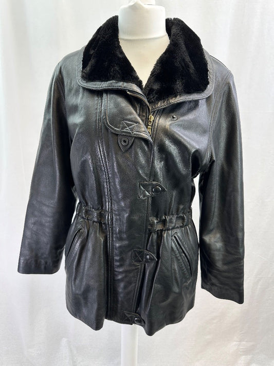 Lakeland Black Leather Faux Fur Collar Coat Pockets Size 14 VGC