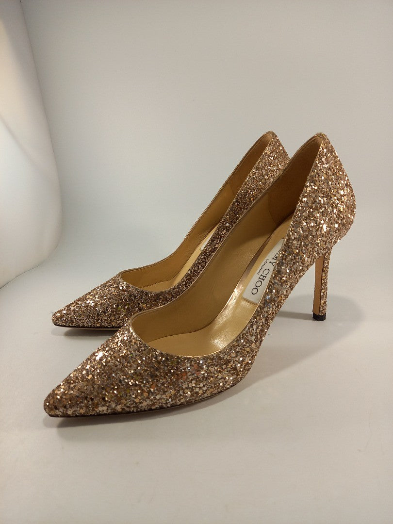 Jimmy Choo Gold Glitter Sparkly Pointed Toe Court Heels Size UK 6 / EU 39