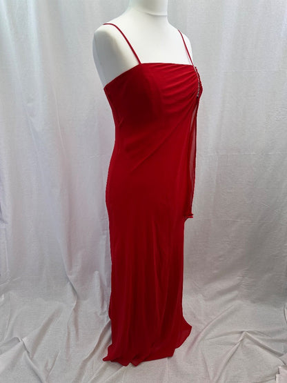 Roman Red Strappy Chiffon Maxi Diamante Evening Dress Size 14 Excellent Condition