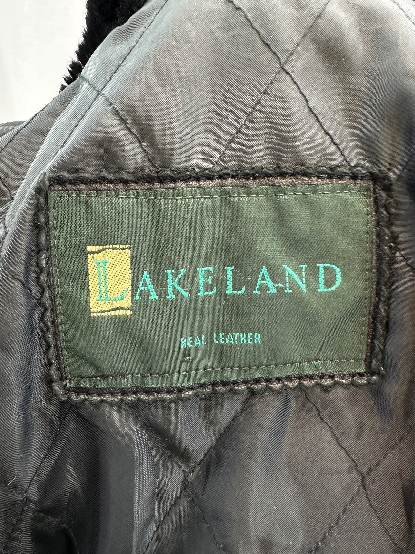 Lakeland Black Leather Faux Fur Collar Coat Pockets Size 14 VGC