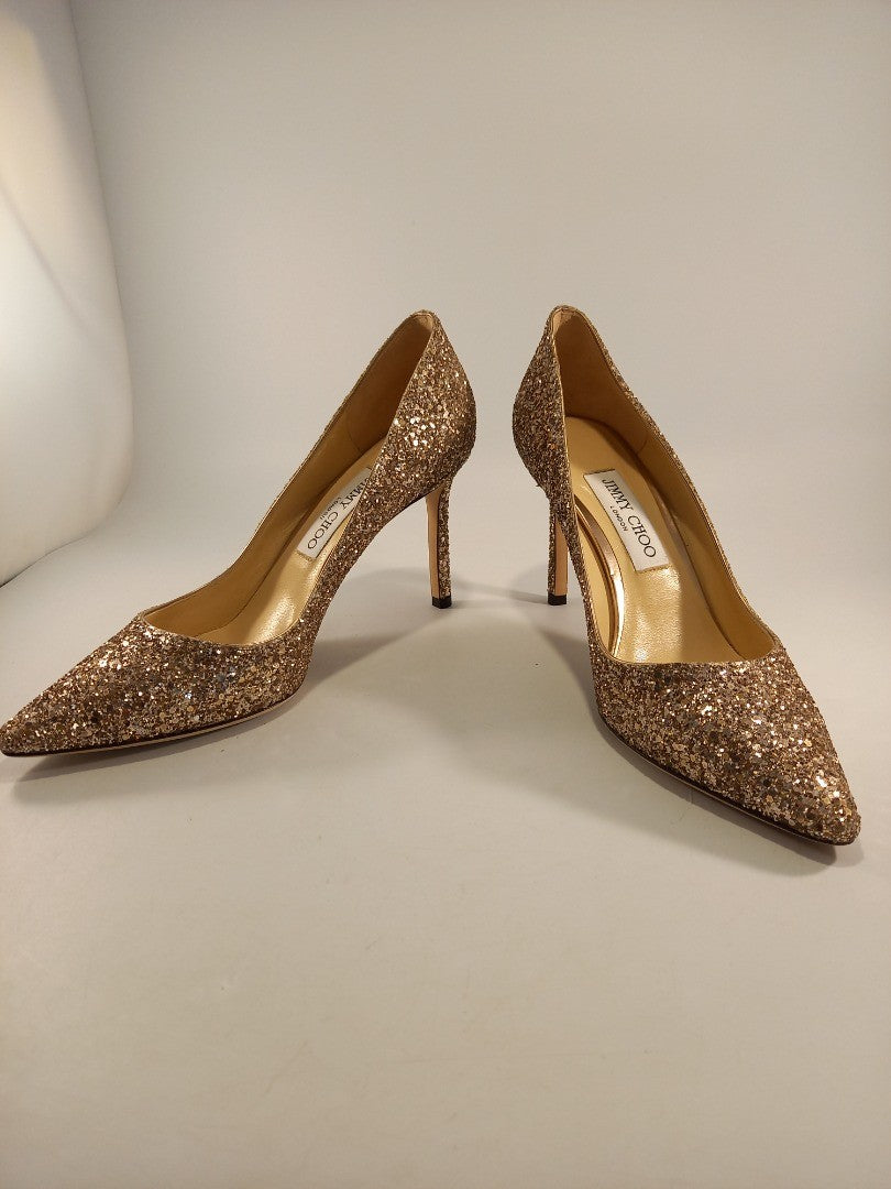 Jimmy Choo Gold Glitter Sparkly Pointed Toe Court Heels Size UK 6 / EU 39