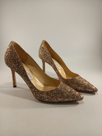 Jimmy Choo Gold Glitter Sparkly Pointed Toe Court Heels Size UK 6 / EU 39