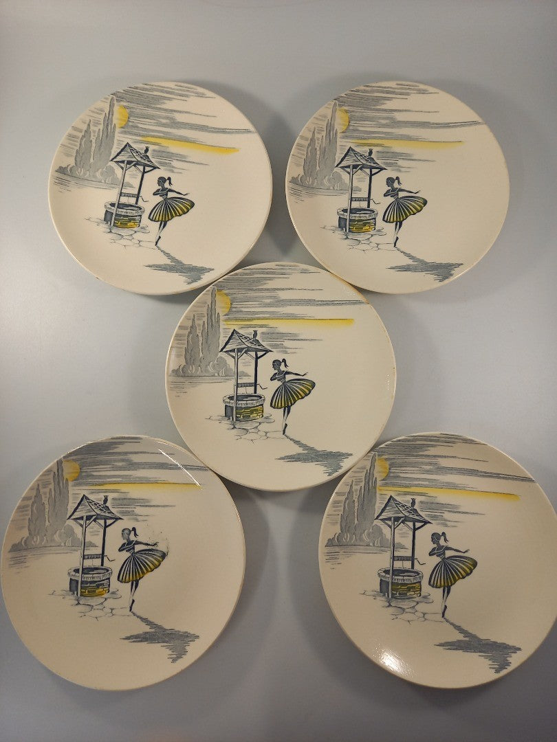 meakin side plates x5 wishing well ballet dancer white grey yellow