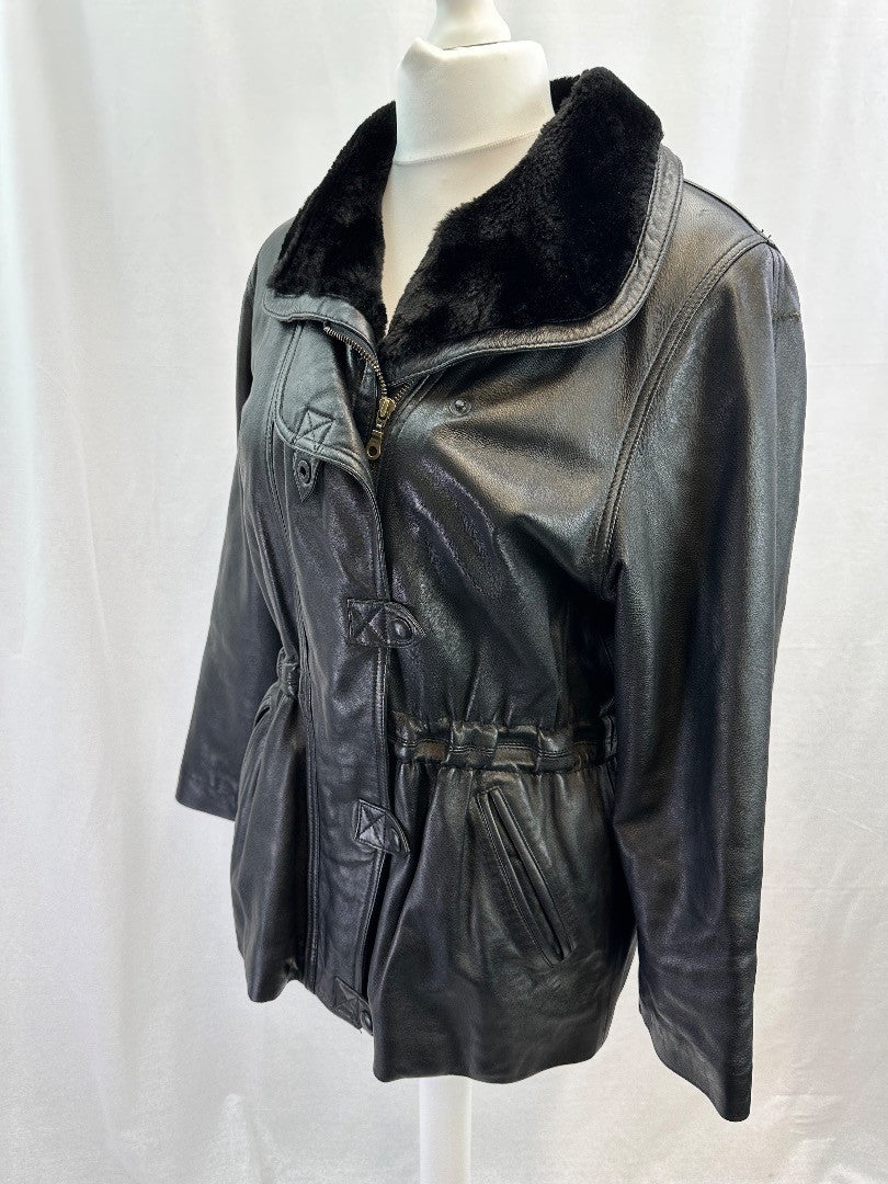 Lakeland Black Leather Faux Fur Collar Coat Pockets Size 14 VGC