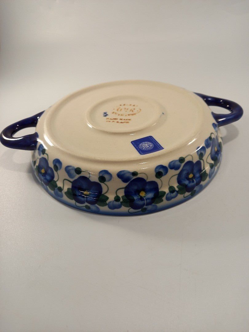 polish pottery blue bowl serving dish pansy flower ceramika boleslawiec