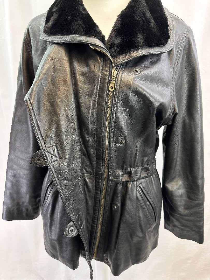 Lakeland Black Leather Faux Fur Collar Coat Pockets Size 14 VGC