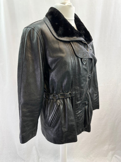 Lakeland Black Leather Faux Fur Collar Coat Pockets Size 14 VGC