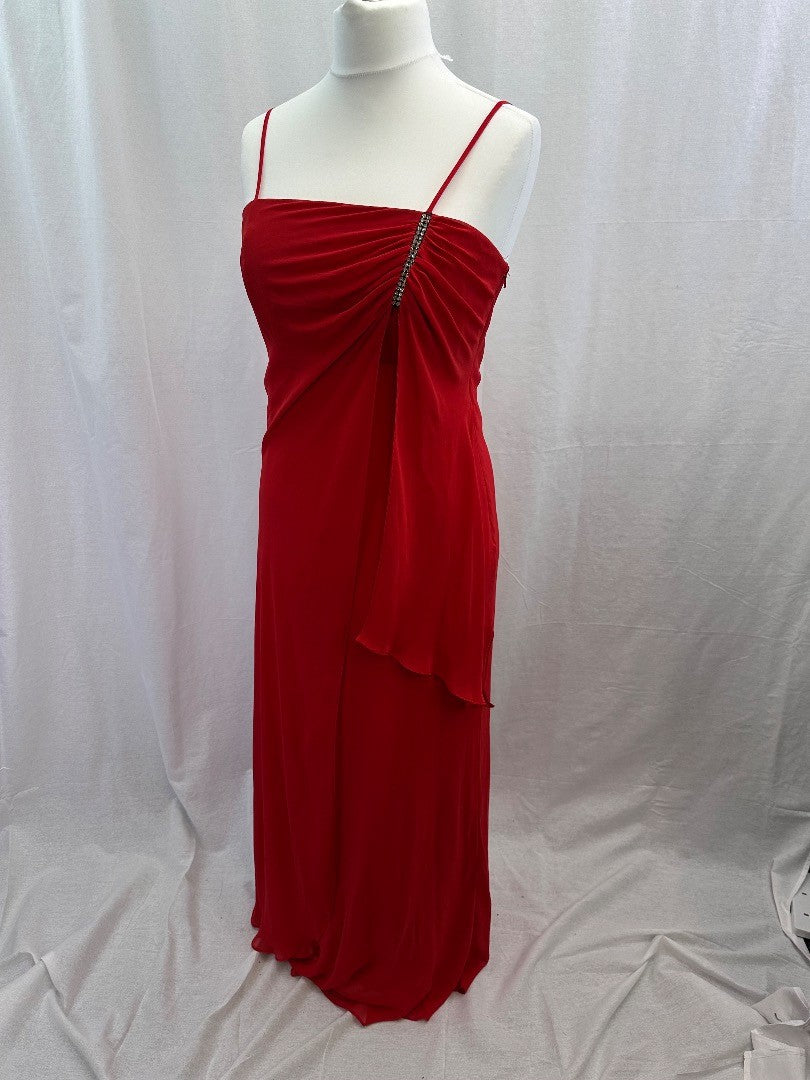 Roman Red Strappy Chiffon Maxi Diamante Evening Dress Size 14 Excellent Condition