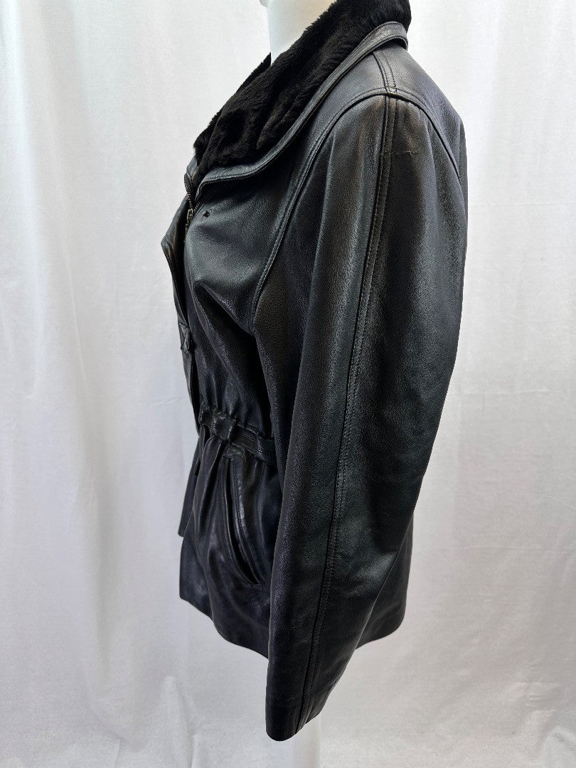 Lakeland Black Leather Faux Fur Collar Coat Pockets Size 14 VGC