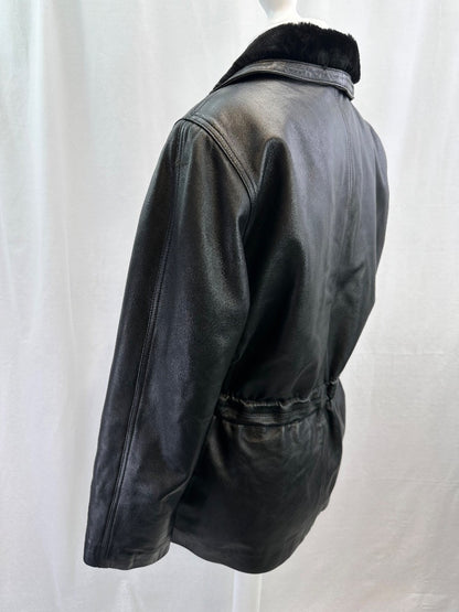 Lakeland Black Leather Faux Fur Collar Coat Pockets Size 14 VGC