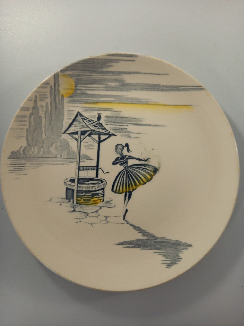 meakin side plates x5 wishing well ballet dancer white grey yellow