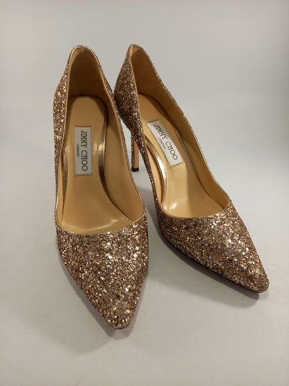 Jimmy Choo Gold Glitter Sparkly Pointed Toe Court Heels Size UK 6 / EU 39