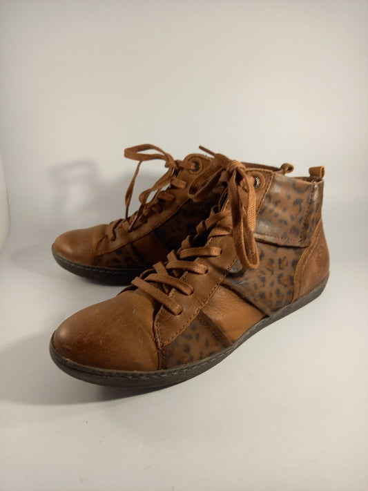 Bugatti Brown Soft Leather Leopard Print Lace Up / Zip Ankle Boots - Size UK 5