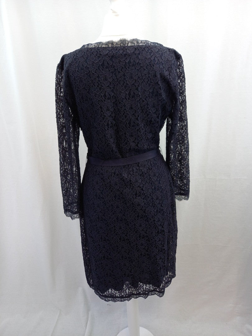 jigsaw navy blue dress medium lace tie belt m