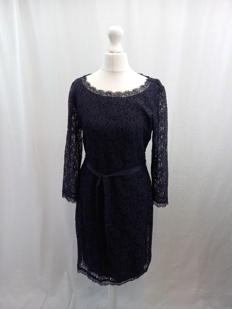 jigsaw navy blue dress medium lace tie belt m