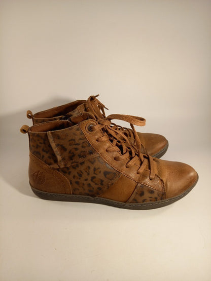 Bugatti Brown Soft Leather Leopard Print Lace Up / Zip Ankle Boots - Size UK 5