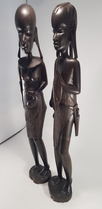 Hand Carved Wooden African Tribal Figurines x2 Man & Women Vintage