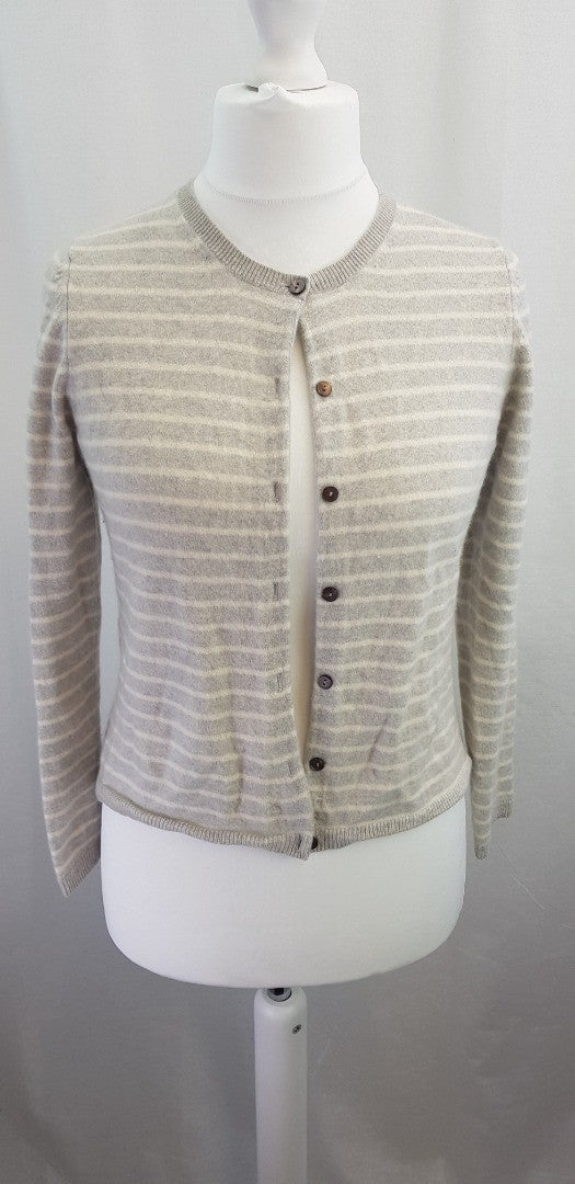 John Lewis Ivory Grey Cashmere Button Up Striped Cardigan Size14 Excellent Condition