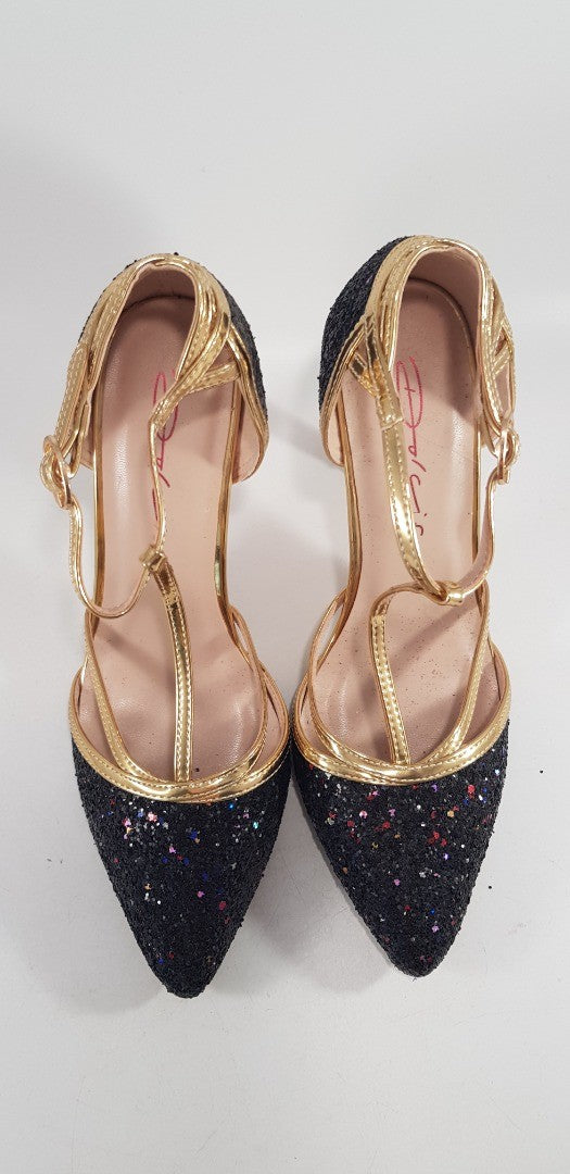 Dolcis Gold Glitter Stilettos T-Bar Detail Size 4 BNWB