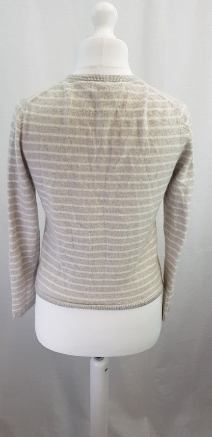 John Lewis Ivory Grey Cashmere Button Up Striped Cardigan Size14 Excellent Condition