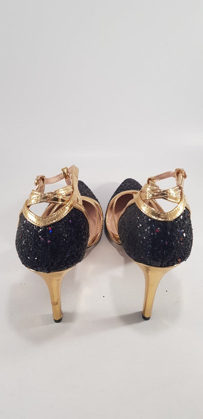 Dolcis Gold Glitter Stilettos T-Bar Detail Size 4 BNWB