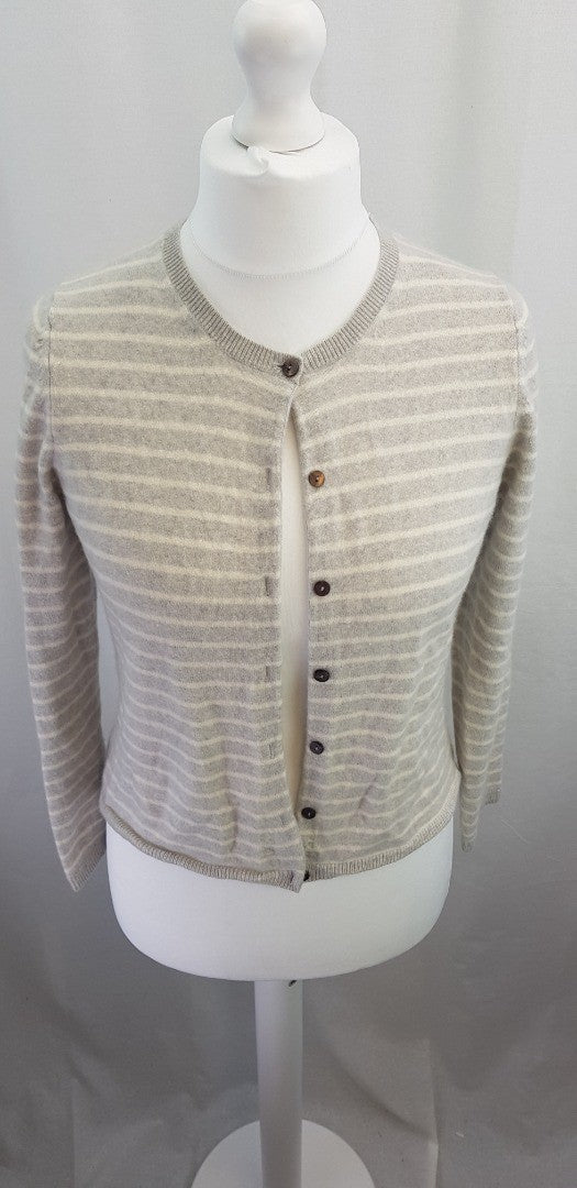 John Lewis Ivory Grey Cashmere Button Up Striped Cardigan Size14 Excellent Condition