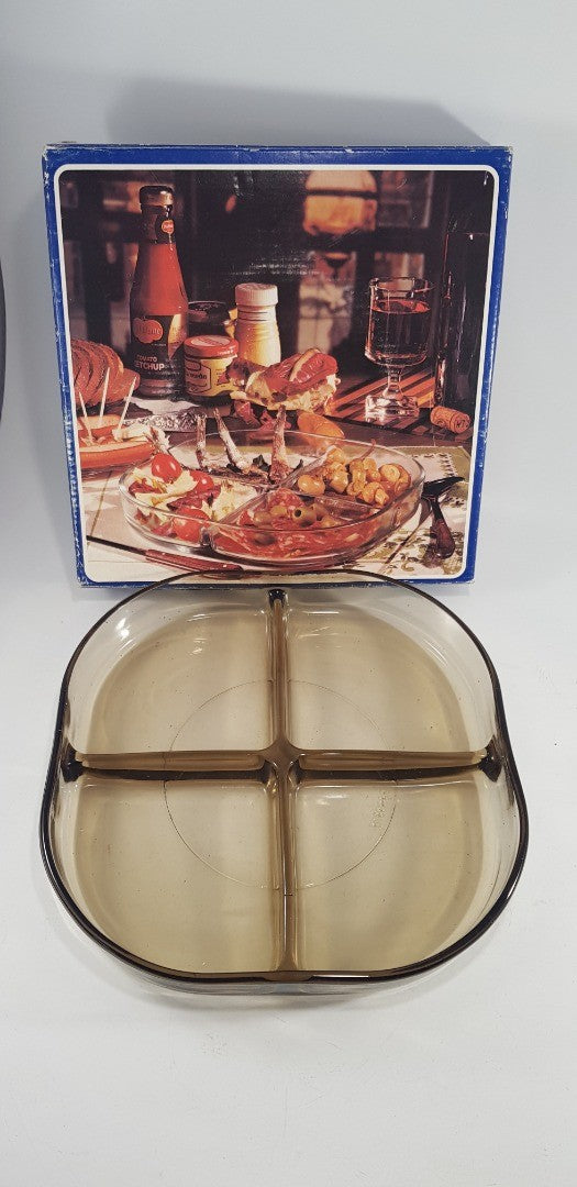 Cabaret Mina Fidenza Vetraria 4 Section Brown Glass Serving Dish Boxed Vintage