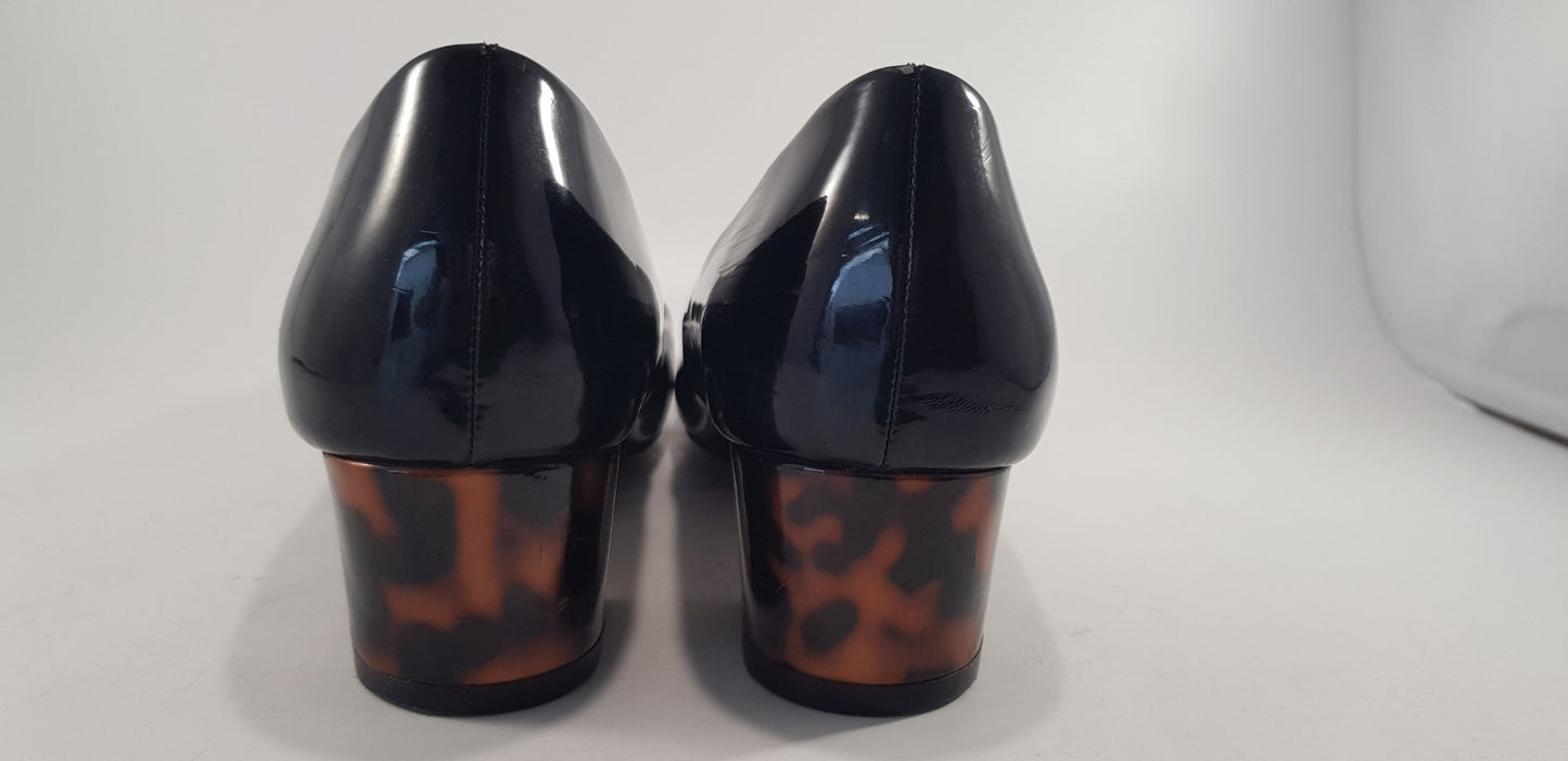 M&S Collection Black Patent Block Heel Slip On Shoes Size 6 Excellent Condition