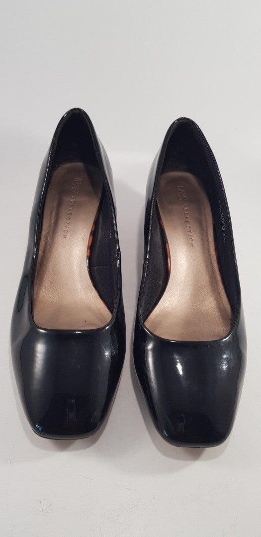 M&S Collection Black Patent Block Heel Slip On Shoes Size 6 Excellent Condition