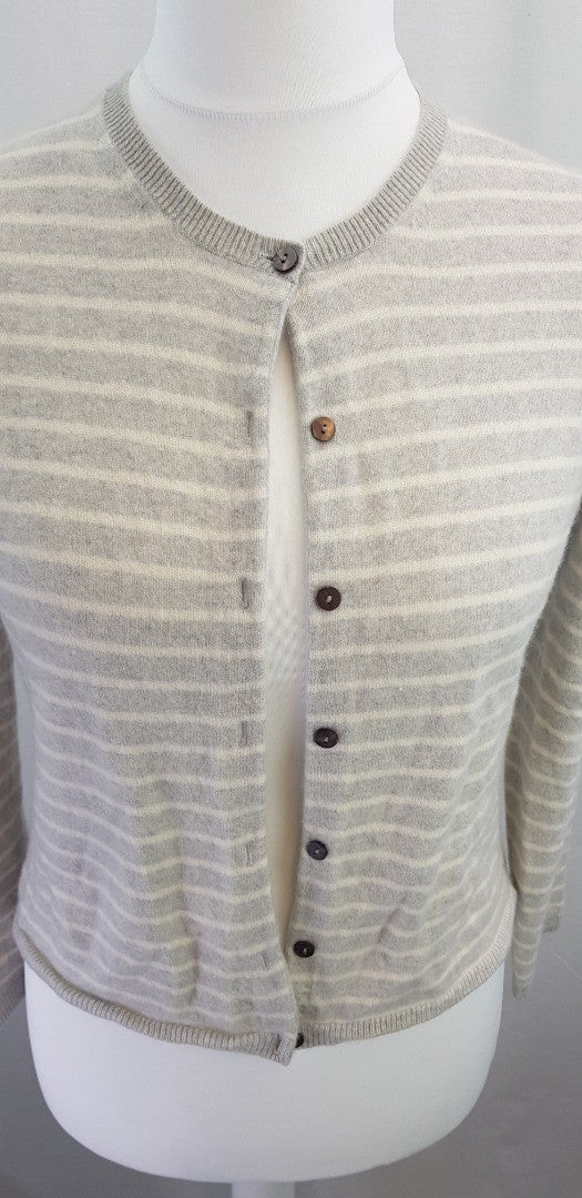 John Lewis Ivory Grey Cashmere Button Up Striped Cardigan Size14 Excellent Condition