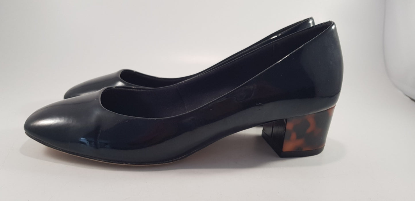 M&S Collection Black Patent Block Heel Slip On Shoes Size 6 Excellent Condition